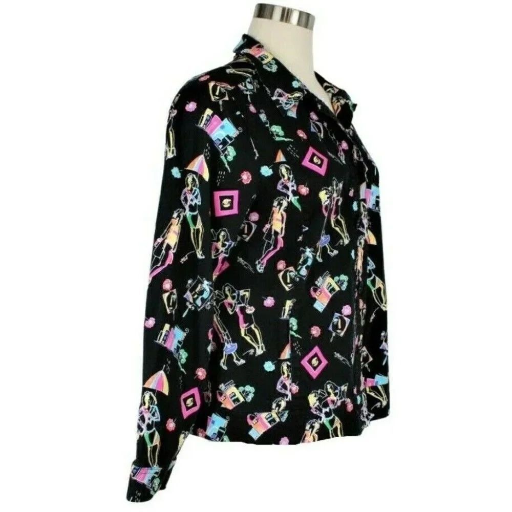 Jacket Lightweight Button Up Cottagecore Fashion Themed Print Pockets Black Sz L - Picture 3 of 7